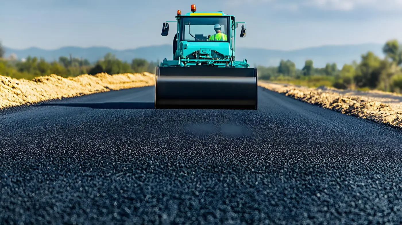 A road roller compacting fresh asphalt on a new road surface