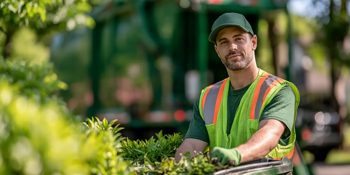 A UK Landscapes operative in a high-visibility vest working beside a hedge